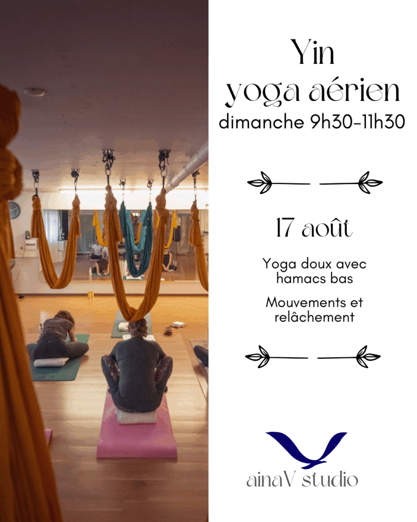 cours de yin yoga aérien au Landeron. Yoga doux avec hamacs.